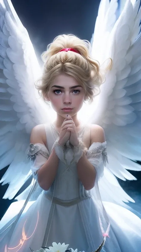 Mujer rubia con un vestido rojo montando un caballo blanco con alas, imogen poots as holy paladin, Imogen Poots como un guerrero santo, Retrato de Emily Blunt como Reina, imogen poots as a paladin, angel knight girl, Emma Watson as an Angel, as a mystical ...