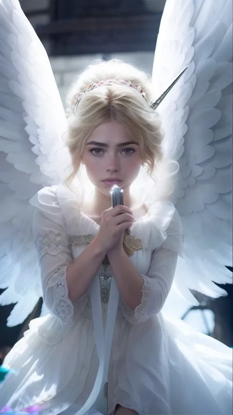 Mujer rubia con un vestido rojo montando un caballo blanco con alas, imogen poots as holy paladin, Imogen Poots como un guerrero santo, Retrato de Emily Blunt como Reina, imogen poots as a paladin, angel knight girl, Emma Watson as an Angel, as a mystical ...