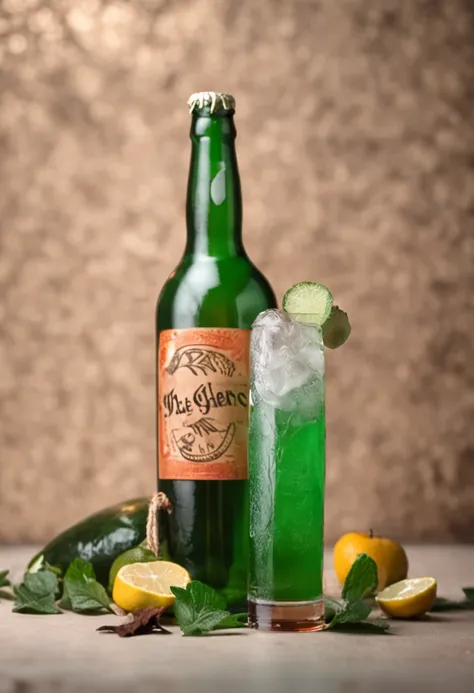 Crea una foto ultrarrealista en 8K que represente a un gnomo con gran sombrero verde con hebilla y sentado dentro de un acogedor, barra con poca luz. It should be caught in the middle of savoring a cold beer, with amber liquid and condensation on visible g...