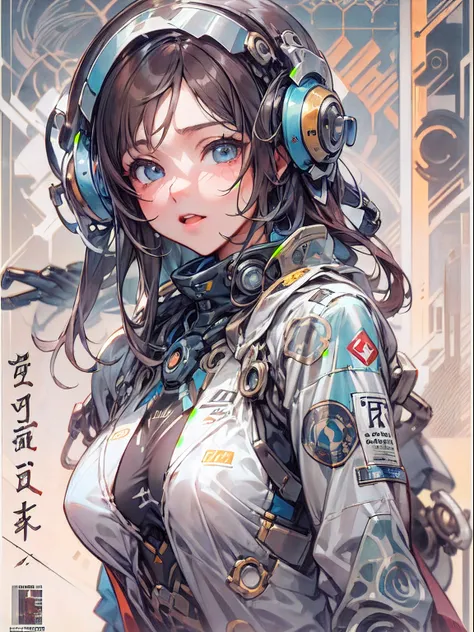 manga magazine cover, menina bonito:1.2, roupas techwear, mechanical spider, cabos, engrenagens, circles, fractais, art-station,...