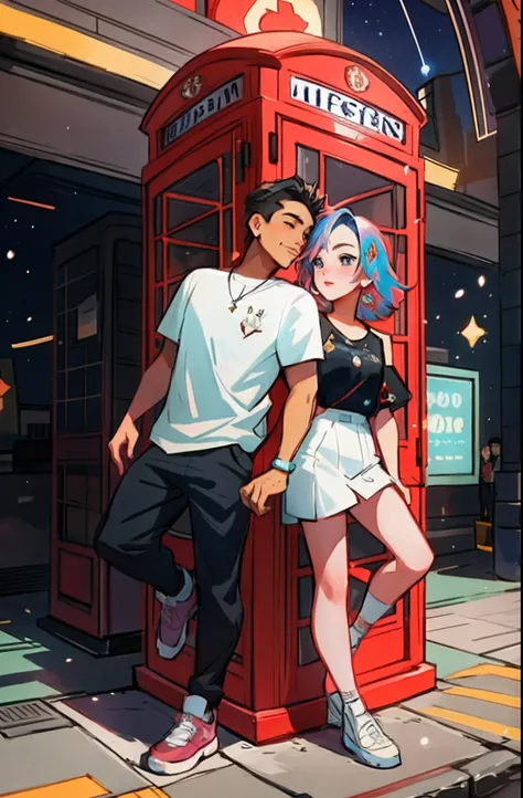 cartoon illustration of a man and woman standing in front of a phone booth, loish and ross tran, ross tran and ilya kuvshinov, ross tran and bayard wu, artwork in the style of guweiz, trending on artstration, anime style illustration, detailed fanart, jin ...