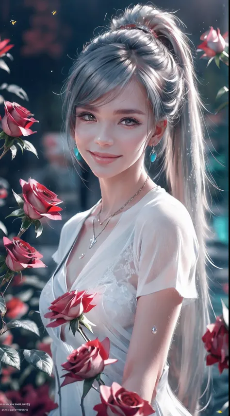 Garden covered with red roses in the background, Silver hair, front ponytail, eyes reflection, red contact lenses, Pink eyes,Heterochromia， Wear earrings, Blue crystal pendant，Evil smile, shairband，High detail, romanticism lain, Depth of field, Sparkle, Ra...