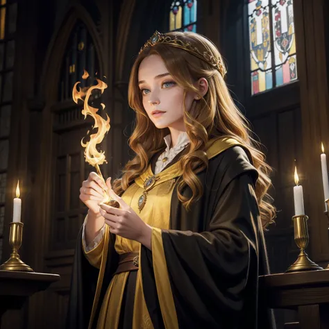 28 Jahre,a beautiful young woman, lange braune geflochtene Haare, Hogwarts Haus Huffelpuff, langer gelber Umhang,  goldene Dachskette um den Hals, Hogwarts im Hintergrund, holds yellow fire in his hand, Hand brennt gelb,