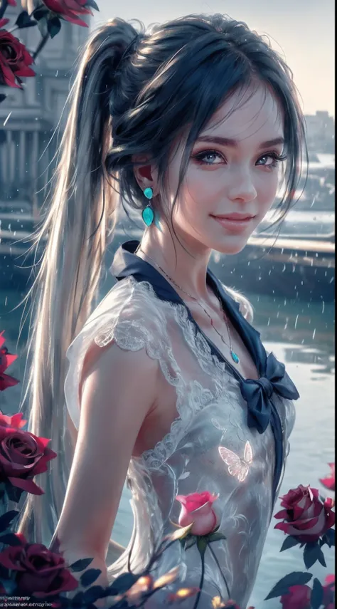 Garden covered with red roses in the background, Silver hair, front ponytail, eyes reflection, red contact lenses, Pink eyes,Heterochromia， Wear earrings, Blue crystal pendant，Evil smile, shairband，High detail, romanticism lain, Depth of field, Sparkle, Ra...