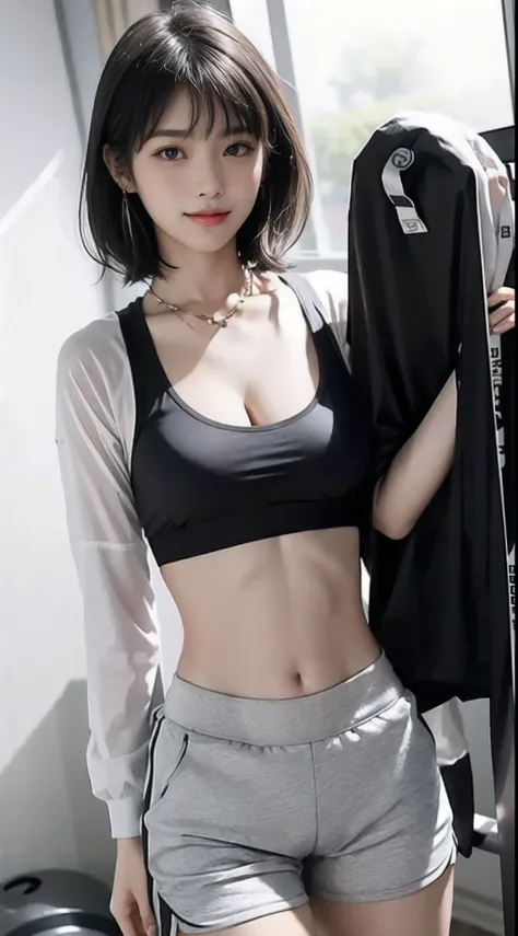 Best image quality, RAW photos, ultra-high resolution, gentle smile, 16-year-old Korean, big breasts, cleavage, fair skin, shiny white skin, short bob, bright silver hair, neatly matched bangs, cropped T-shirt, workout wear, running shorts, beautiful thin ...