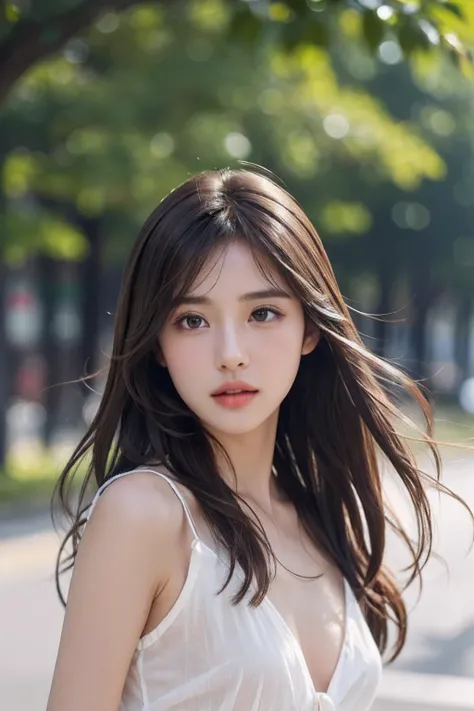 Fashionable clothes、Subdued Color、(Raw photo, Best Quality), (Realistic, Photorealsitic:1.3), masutepiece, Extremely delicate and beautiful, Soft light, (Brown hair, Shoulder-length straight hair swaying in the wind), Beautiful detailed girl, (Detailed fin...