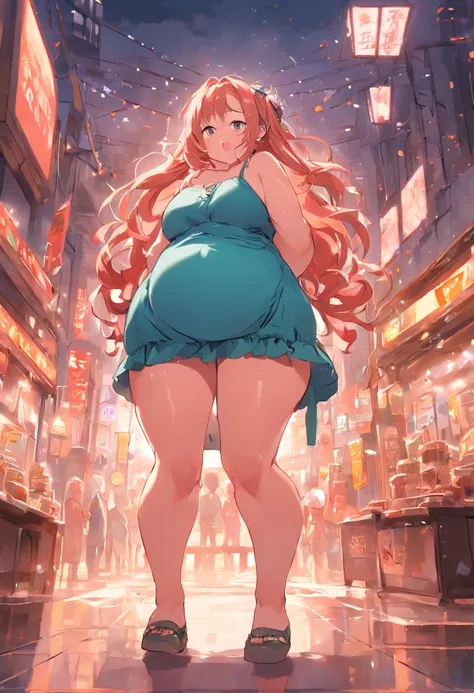 Fat woman, saggy big boobs, saggy belly, eating junk food,tight dress, large ass, 1girl,  fat shoulders, auburn long hair, masterpiece, best quality, shoes, full body, posing for a picture, beautifully color-coded, socks, scrunchbutt leggings white backgro...