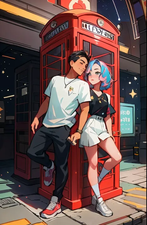 cartoon illustration of a man and woman standing in front of a phone booth, loish and ross tran, ross tran and ilya kuvshinov, ross tran and bayard wu, artwork in the style of guweiz, trending on artstration, anime style illustration, detailed fanart, jin ...