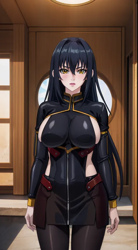 professional artwork, Intricate Details, sharp focus, detailed painting, photorealistic lighting, trending on pixiv, Standing at attention, ((black outfit ,yellow collared shirt,black and red bodysuit,skin_tight,black legwear, black pantyhose, Side_boob)),...