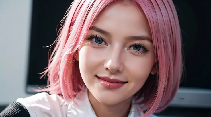 photo of a rich businesswoman ,super detailed smiling face, working on computer , cute girl , explaining , thinking, with short pink hair, jovana rikalo, young business woman, with pink hair, high quality portrait , aleksandra waliszewska