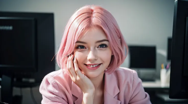 photo of a rich businesswoman ,super detailed smiling face, working on computer , cute girl , explaining , thinking, with short pink hair, jovana rikalo, young business woman, with pink hair, high quality portrait , aleksandra waliszewska