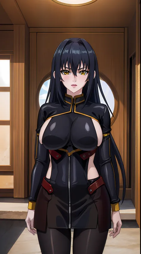 professional artwork, Intricate Details, sharp focus, detailed painting, photorealistic lighting, trending on pixiv, Standing at attention, ((black outfit ,yellow collared shirt,black and red bodysuit,skin_tight,black legwear, black pantyhose, Side_boob)),...