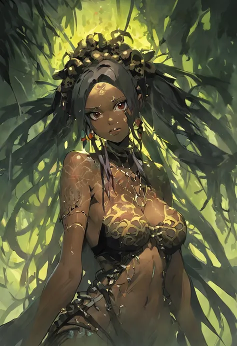 ((masterpiece:1.4, best quality:1.2)), a voodoo priestess, swamp, dreadlocks, skulls, artwork portrait, adam hughes, sexy, erotic.