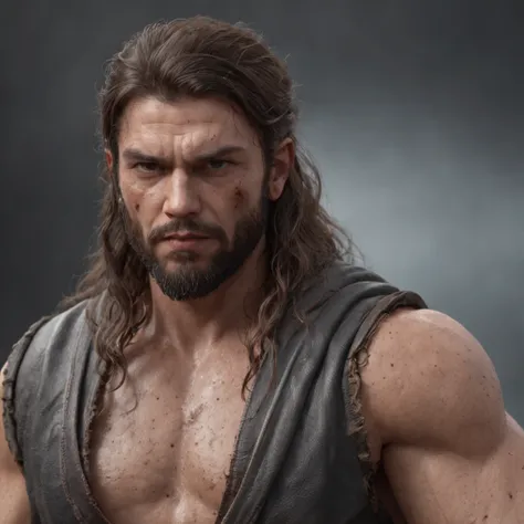 (Professional 3D rendering:1.3) de (Realistic:1.3) Foto de arte mais bonita do mundo，Features soft, bright male heroes, ((Epic hero fantasy rough muscular man wet hero angry look long hair short beard and fierce expression in dynamic pose, fantastic locati...