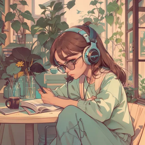 1woman, solo, sitting at a table with headphones, a book and a bird, lofi girl, lofi art, lofi art style, lofi feel, lofi portrait, lofi colors, lofi, lo-fi art, lofi vibes, lofi vibe, lofi hip hop, satoshi kon artstyle, lofi girl aesthetic