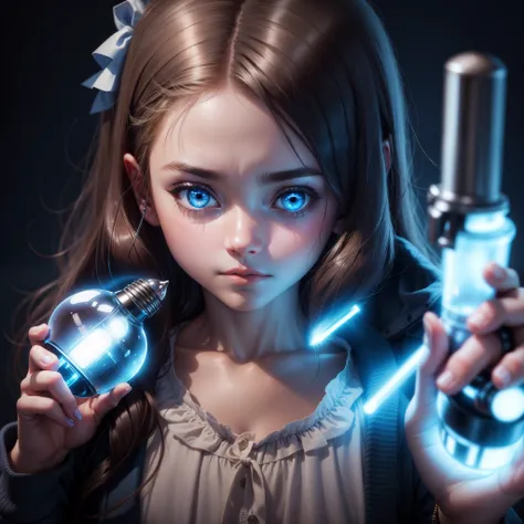 Young girl holding a light bulb with blue light, precise skin