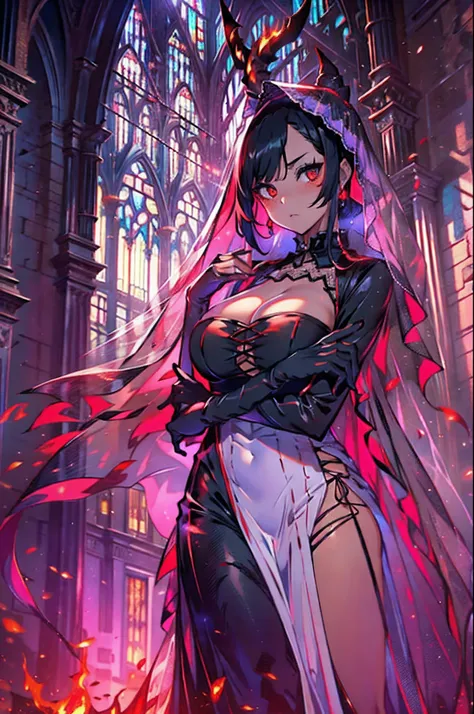 1 girl, demon girl, solo, black hair, short straight hair, gloves, bun updo, side bangs, long horns, ultra detailed red and black eyes, slit_pupils, very large breasts, gothic dress,ultra detailed sleeveless gothic dress, light gothic dress, skirtless goth...