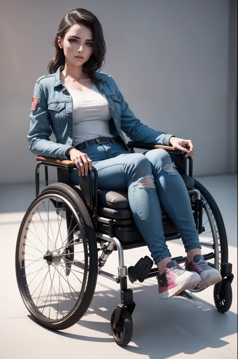 a wheelchair woman with jacket and jeans, 3d render, full body, white flat background