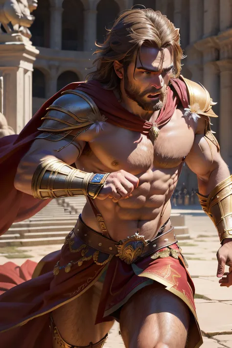 ((work-before))), ((best quality))), ((Ultra-detailed)), (hyper-realistic), (highly detailed CG illustration), cinematic lighti, photorealistic, male gladiator fighting with a lion in ROME arena , (focused face ), ,intricate detailed eba, red cape, spear, ...