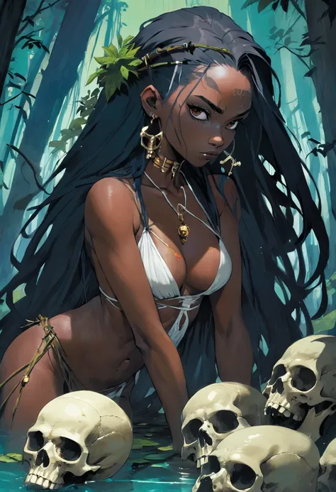 ((masterpiece:1.4, best quality:1.2)), a voodoo priestess, swamp, dreadlocks, skulls, artwork portrait, adam hughes, sexy, erotic.