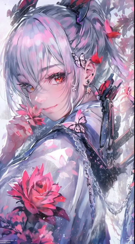 Garden covered with red roses in the background, Silver hair, front ponytail, eyes reflection, red contact lenses, Pink eyes,Heterochromia， Wear earrings, Blue crystal pendant，Evil smile, shairband，High detail, romanticism lain, Depth of field, Sparkle, Ra...