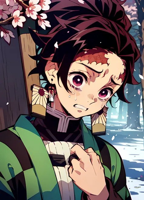 "kamado tanjiro from demon slayer, snowing, cherry blossoms, crying, wearing a green plaid shirt, holding a katana."