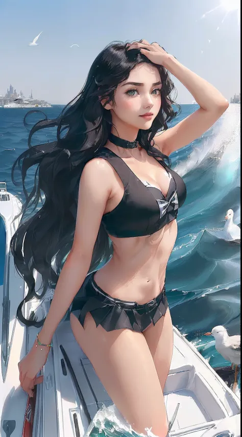 ((((((A young woman))), the anime, ( Green eyes), (black  hair), Nice face, ssmile, sports body, hairlong, Wavy Hair , (((morena))), ((tmasterpiece, beste-Qualit)), illustartion, Ультра деталпазированная 8k, Photorealistic, sharp-focus, higly detailed, Pro...