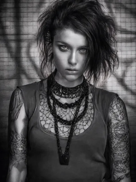 raw++ intricate portrait photograph of a bold and confident tattooed brunette with a seductive facial expression, gritty++, intr...