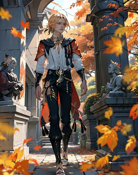 ((masterpiece, best quality)),  ((autumn, maple leaf, autumn orange leaves)), kaveh, blond hair, red eyes, ((black pants)), feat...