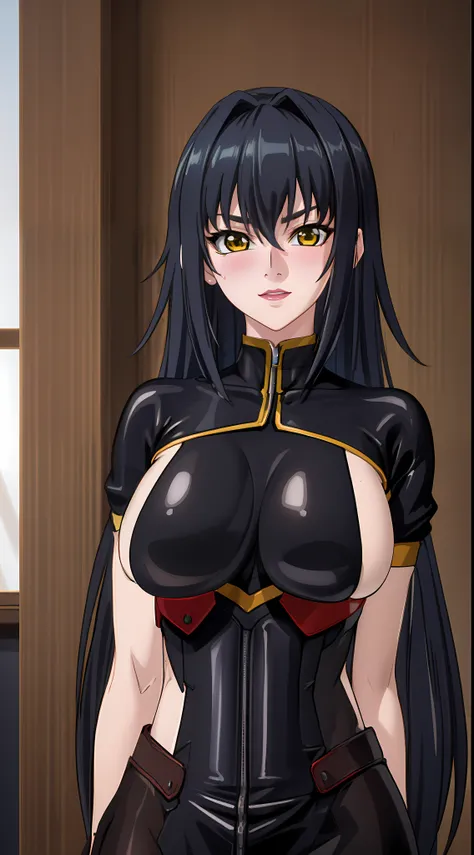 professional artwork, Intricate Details, sharp focus, detailed painting, photorealistic lighting, trending on pixiv, Standing at attention, ((black outfit ,yellow collared shirt,black and red bodysuit,skin_tight,black legwear, black pantyhose, Side_boob)),...