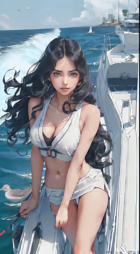 ((((((A young woman))), the anime, ( Green eyes), (black  hair), Nice face, ssmile, sports body, hairlong, Wavy Hair , (((morena))), ((tmasterpiece, beste-Qualit)), illustartion, Ультра деталпазированная 8k, Photorealistic, sharp-focus, higly detailed, Pro...