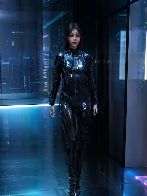 male people，a man in a shiny suit stands on the glass floor, show，tight latex clothing，shiny latex coat，futuristic glossy latex ...