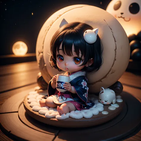 Cute baby chibi anime, drink tea, dark skinned, moon, 4k, wear kimono, sitting on a big cookie