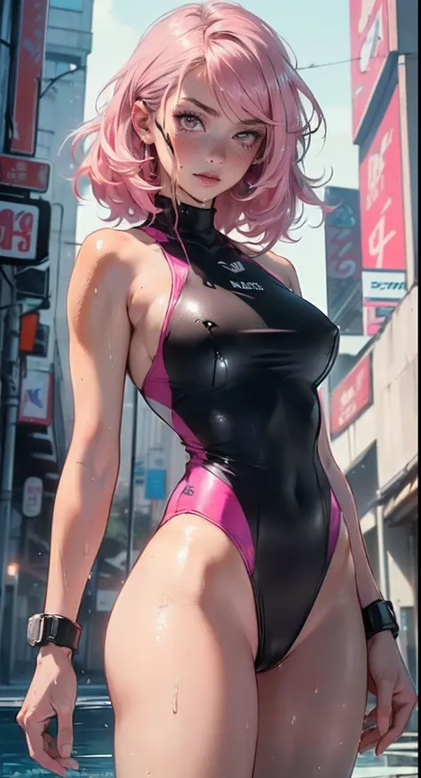 sporty girl,(((1girl))),((girl with bubblegum pink hair and freckles,extremely cute and gorgeous)),

(large breasts:1.4),saggy breasts,(((bubblegum pink hair:1.35,straight hair,long hair:1.4,colored inner hair,ear breathing))),((heterochromia:1.5,eye1 pink...