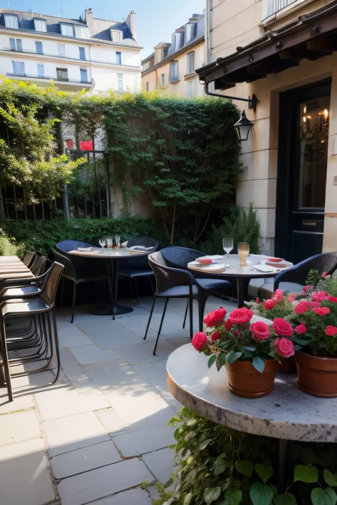 A terrace with several roses in Paris,  cidade de Paris ,com uma mesa e cadeiras arredondadas, por do sol, realidade, realista