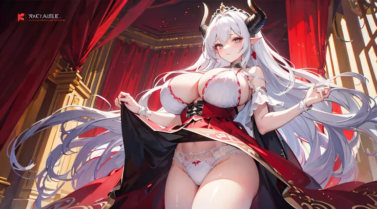 1girll，In the daytime，White dragon horn，Light，divino，Gorgeous white lace lingerie，huge tit，blacksilk，Reveals lace panties，Lift the skirt，Fine details，Color gas，Big background，Long white hair，red color eyes，Chest exposed，Gorgeous white palace castle interio...