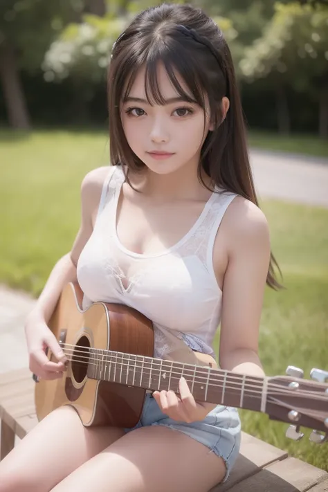 A beautiful busty girl, 17 years old, big eyes, jawline, white tank top, cute face, fit body, busty, short hot pant, ((playing a guitar)), holding a guitar, sitting on a bench in a park, cute, smile, looking at the camera, hyper realistic, ultra realistic,...