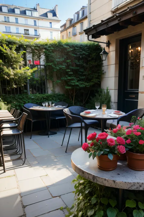 A terrace with several roses in Paris,  cidade de Paris ,com uma mesa e cadeiras arredondadas, por do sol, realidade, realista