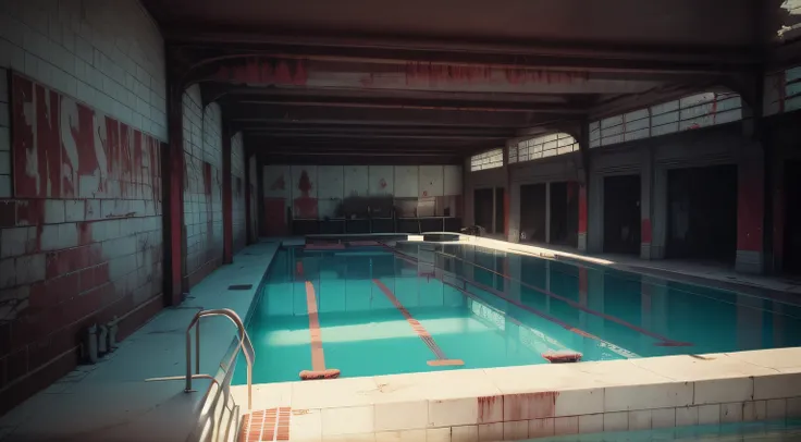 there is a very dirty long pool, with a shark in it. the bloodstained walls and the bloodstained floor, and a person standing at the end of that pool