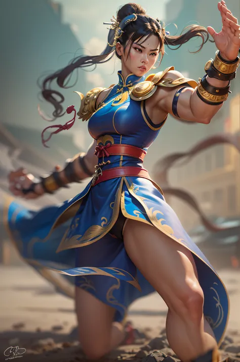 Create a hyperrealistic masterpiece of Chun-Li, the iconic character from the second Street Fighter game. Capture her dynamic fighting stance and powerful kicks with exquisite detail. The image should be in high definition (HD) and rendered in stunning 8K ...