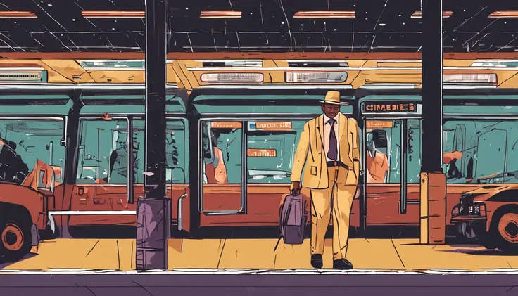 background, eighties, night, interior of Minas Gerais, bus station, man looking twenty years old, wearing black shoes, white suit and leather hat, he is holding a suitcase.