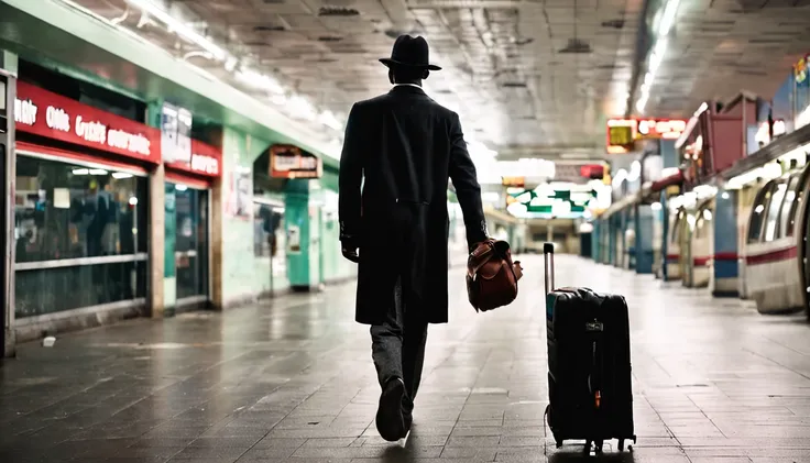 background, eighties, night, interior of Minas Gerais, bus station, man looking twenty years old, wearing black shoes, white suit and leather hat, he is holding a suitcase.