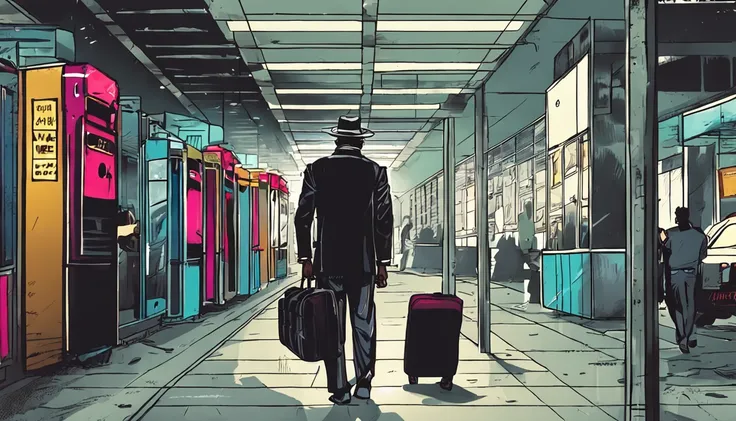 background, eighties, night, interior of Minas Gerais, bus station, man looking twenty years old, wearing black shoes, white suit and leather hat, he is holding a suitcase.