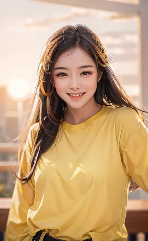 a close up of a woman with long hair wearing a yellow shirt, smile, sunset