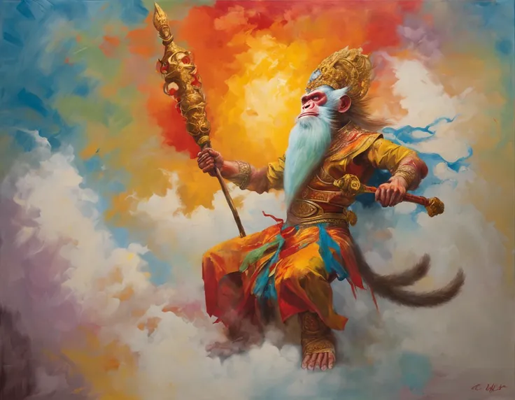 "Monkey king wielding a magical staff, soaring through the sky on a billowing cloud."