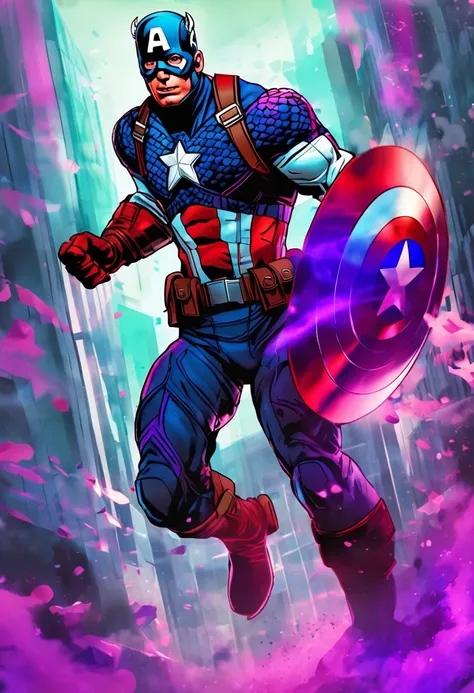 Captain America surrounded by a purple aura that shoots purple rays, empunhando um martelo