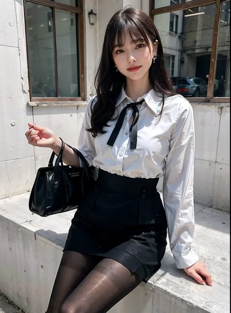 (8k, Best Quality, Masterpiece:1.2), (Realistic, Photorealistic:1.37), Ultra Detail, 1 Girl, Full Body, Outdoor, (Adjusted Hair:1.5) Office Lady, Black Office Blazer, Office Skirt, (pantyhose: 1.2), (short button-down shirt: 1.2), button-up collar prim, bu...