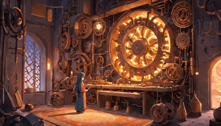 An illuminated room in the Abbasid era with a young engineer tinkering with gears and mechanical devices.