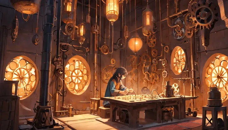 An illuminated room in the Abbasid era with a young engineer tinkering with gears and mechanical devices.