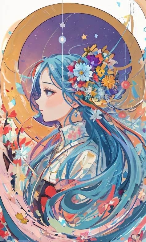 a close up of a woman with long hair and a flower crown, stars, water, anime illustration